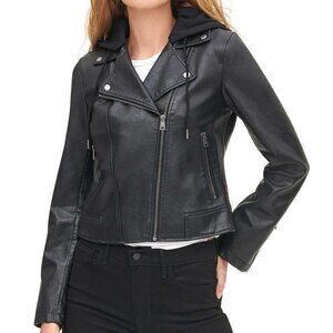 NWT - Levi's Ladies' Faux Leather Black Moto Hooded Jacket – Size XXL
